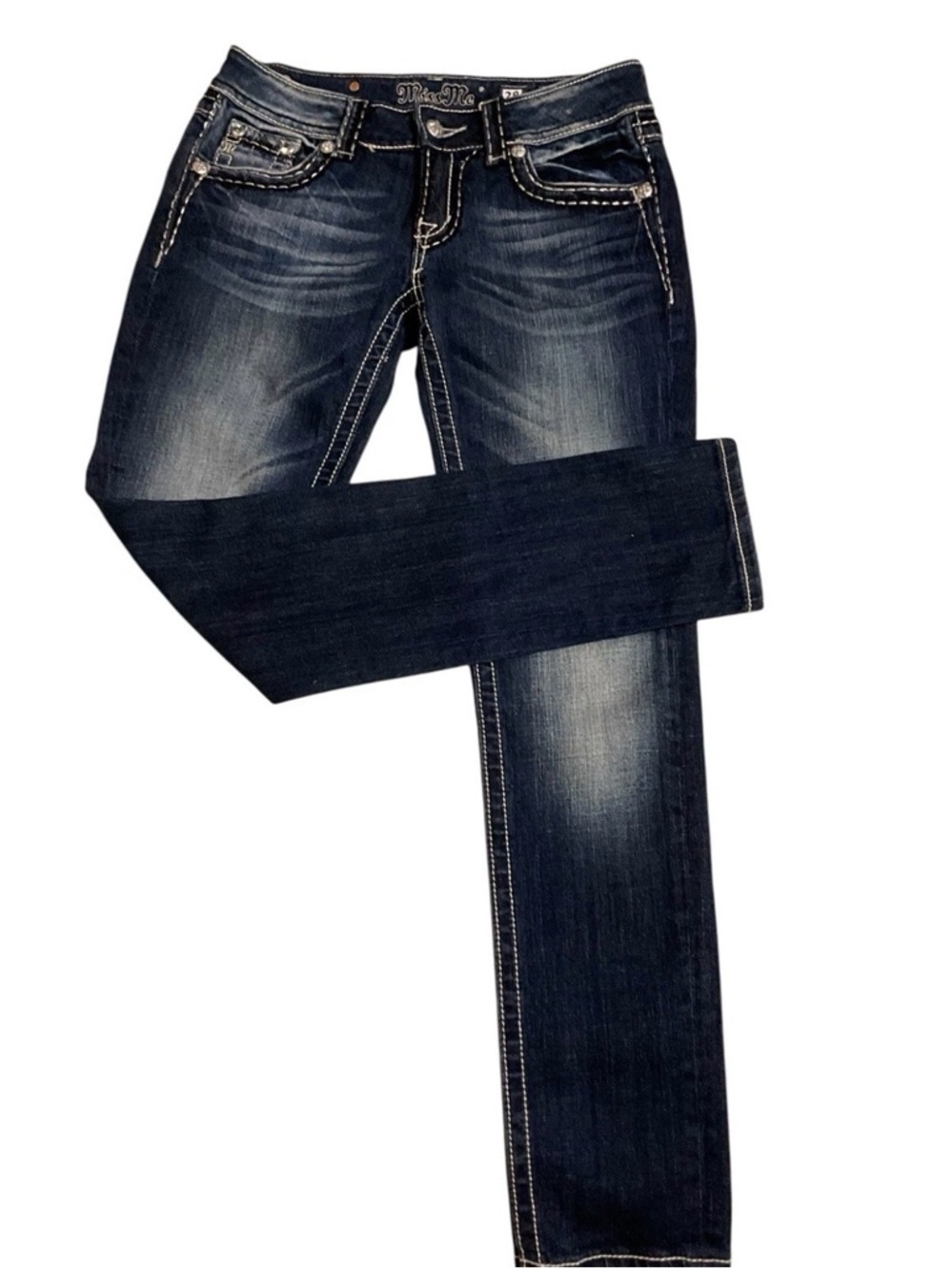 Miss Me Skinny Distressed Dark Wash Bling Flap Pockets Women’s Sz 28/31